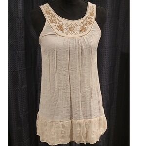 Countess Cream Boho Crinkle Gauze Tunic Top Embroidered Lace Hem Small S21517